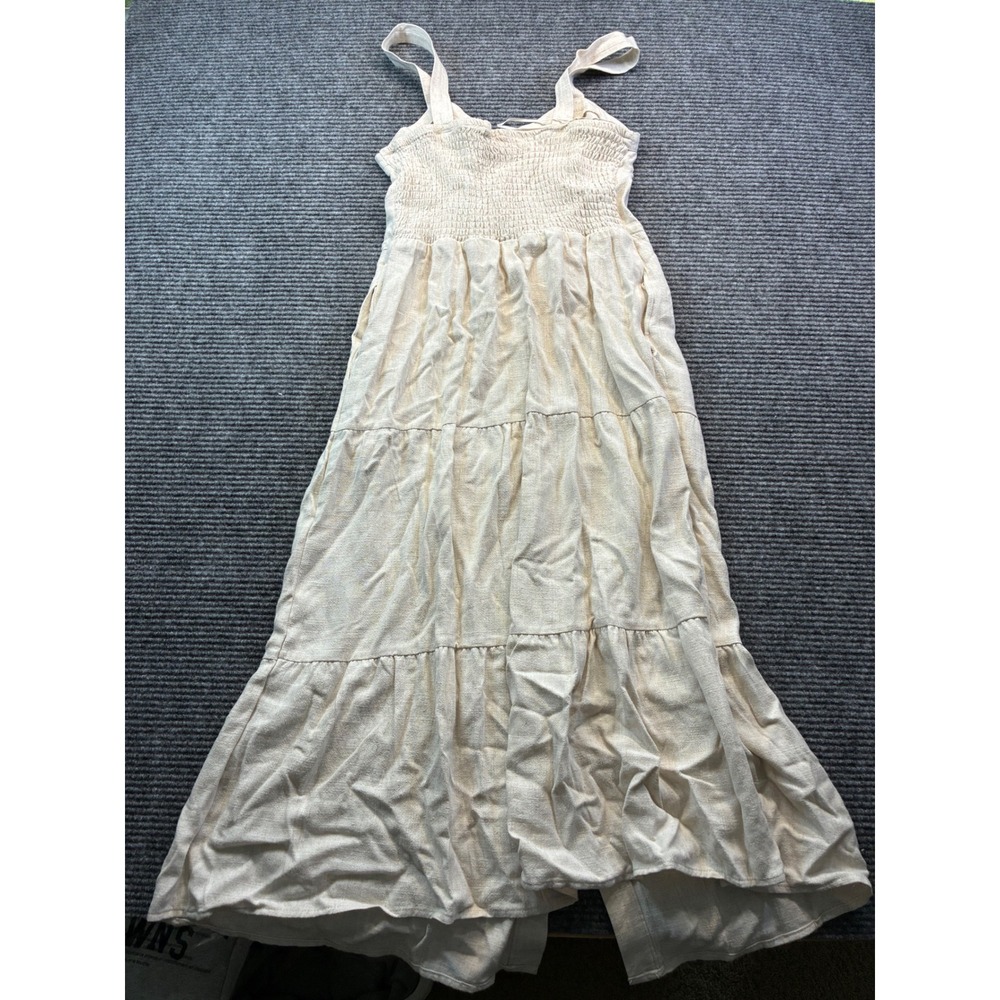 Lucky Brand Womens Beige Linen Blend Button Front Tiered Maxi Dress Cottage SZ M - Picture 6 of 9